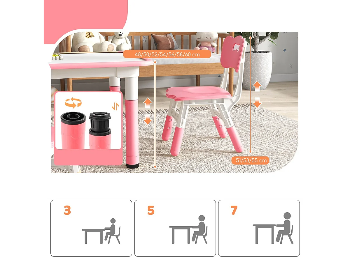 Set tavolo per bambini e 4 sedie multiattività, Scrivania regolabile in altezza con piano graffiti Rosa