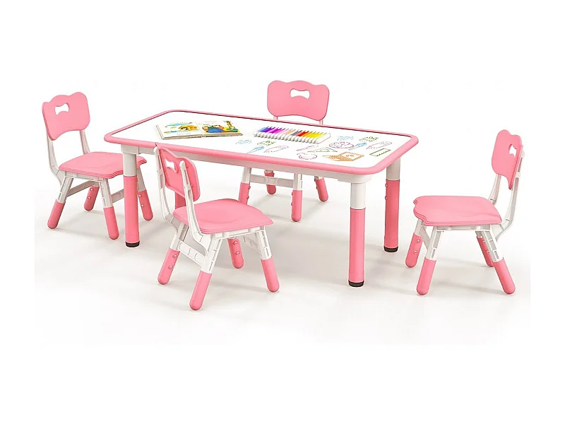 Set tavolo per bambini e 4 sedie multiattività, Scrivania regolabile in altezza con piano graffiti Rosa