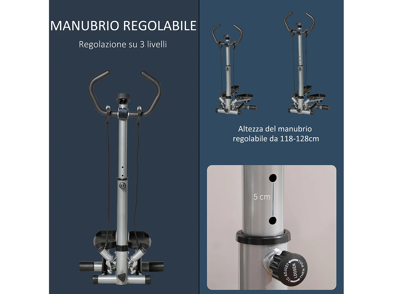 Stepper con manubrio regolabile monitor lcd ed elastici casa e palestra