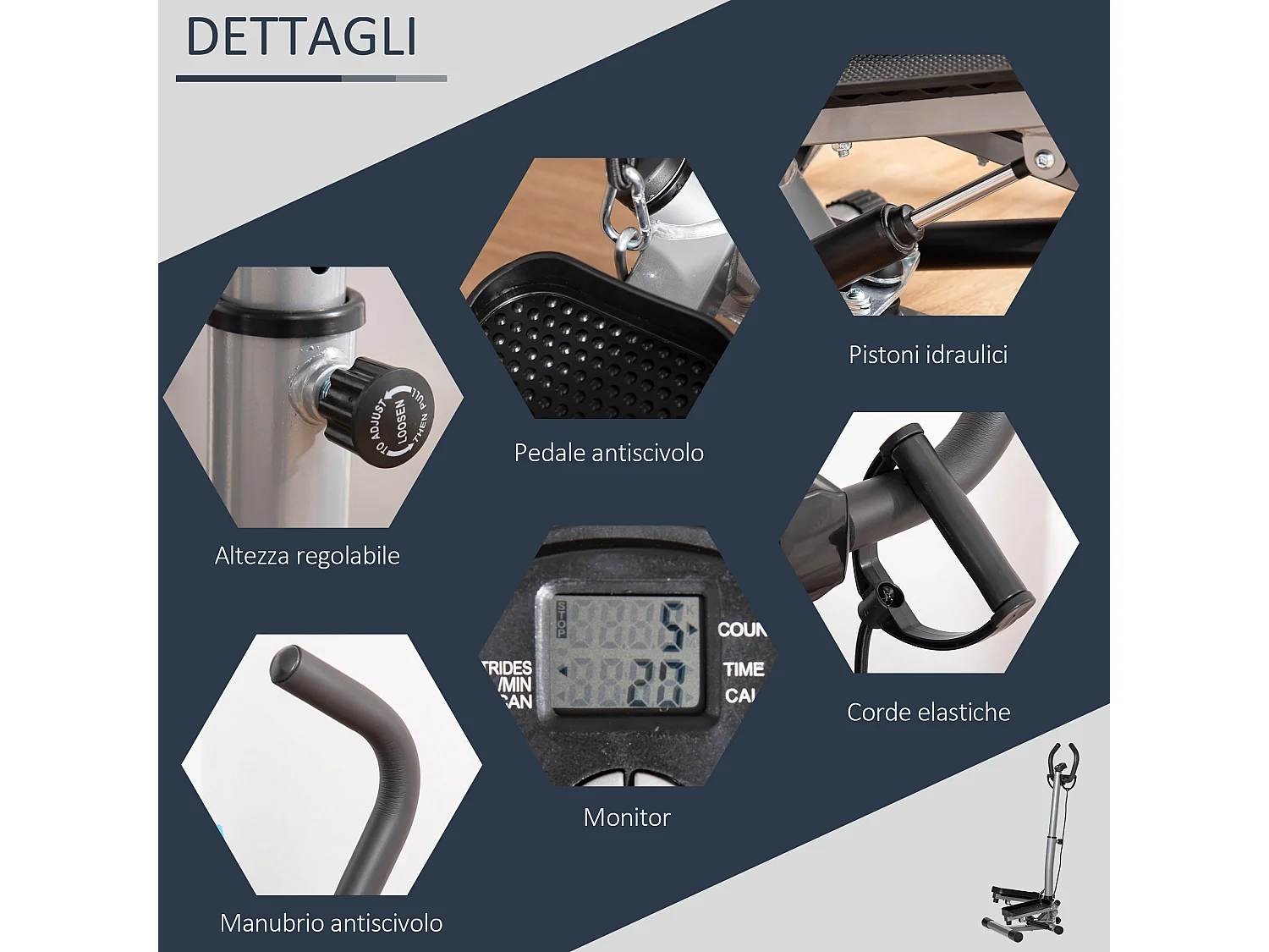 Stepper con manubrio regolabile monitor lcd ed elastici casa e palestra