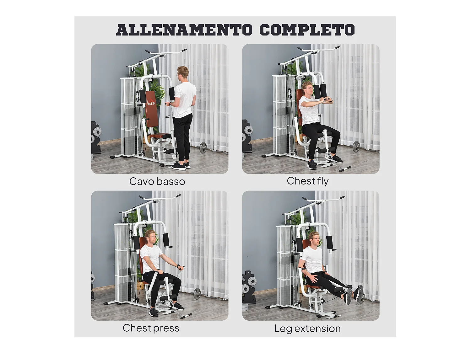 Stazione fitness multifunzione con 4 imbottiture in acciaio e pu bianco