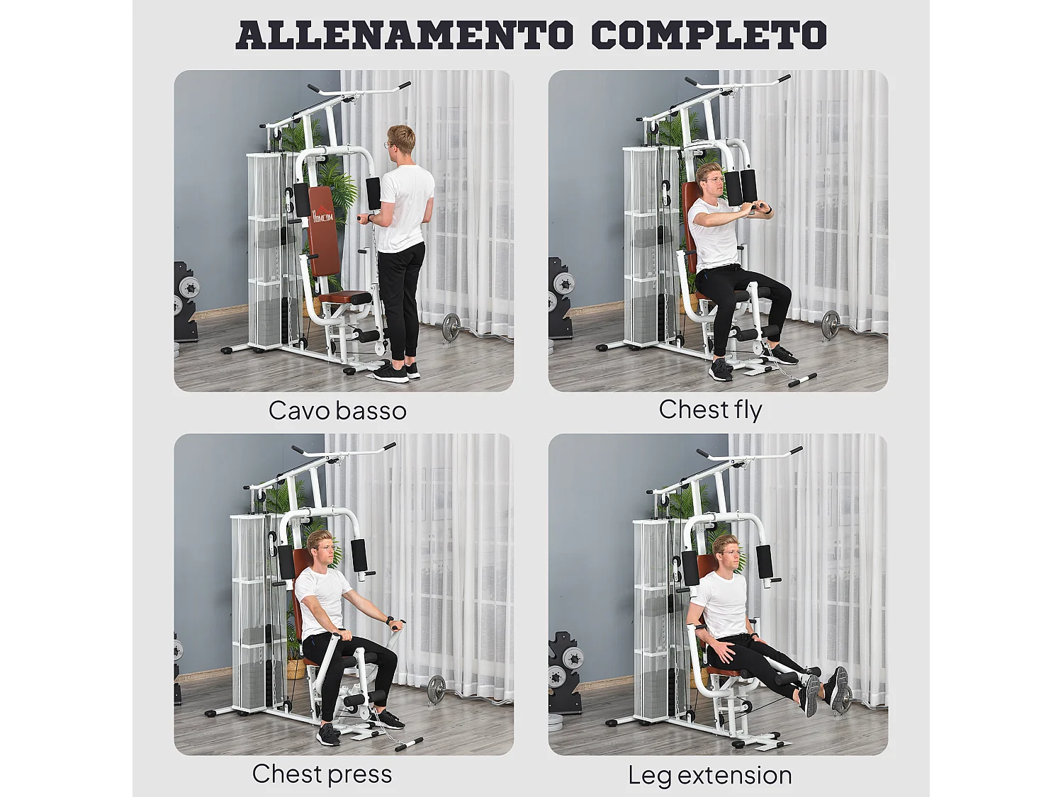 Stazione fitness multifunzione con 4 imbottiture in acciaio e pu bianco