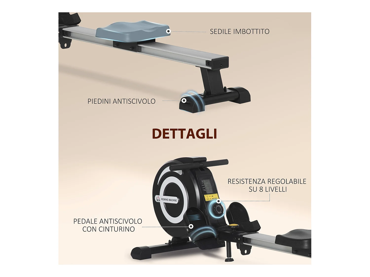 Vogatore pieghevole magnetico 8 livelli resistenza e monitor 185x58x57cm