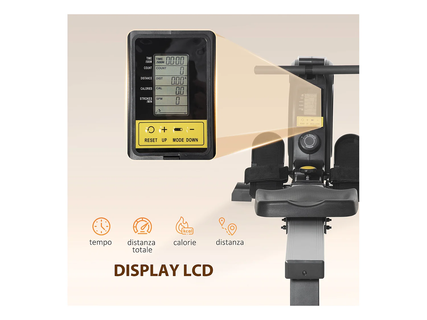 Vogatore pieghevole magnetico 8 livelli resistenza e monitor 185x58x57cm