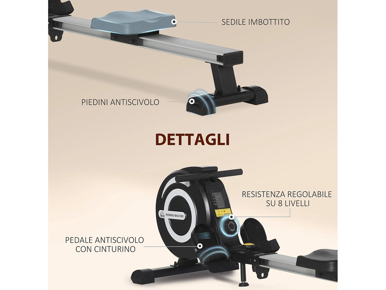 Vogatore pieghevole magnetico 8 livelli resistenza e monitor 185x58x57cm