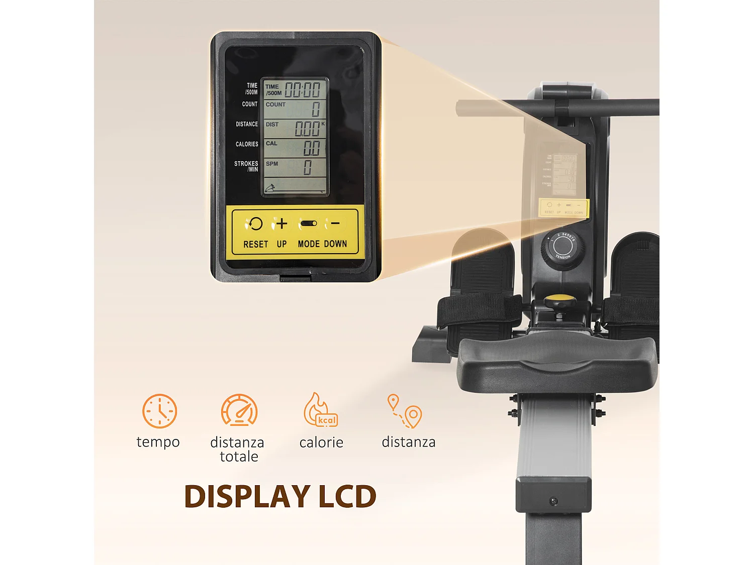 Vogatore pieghevole magnetico 8 livelli resistenza e monitor 185x58x57cm