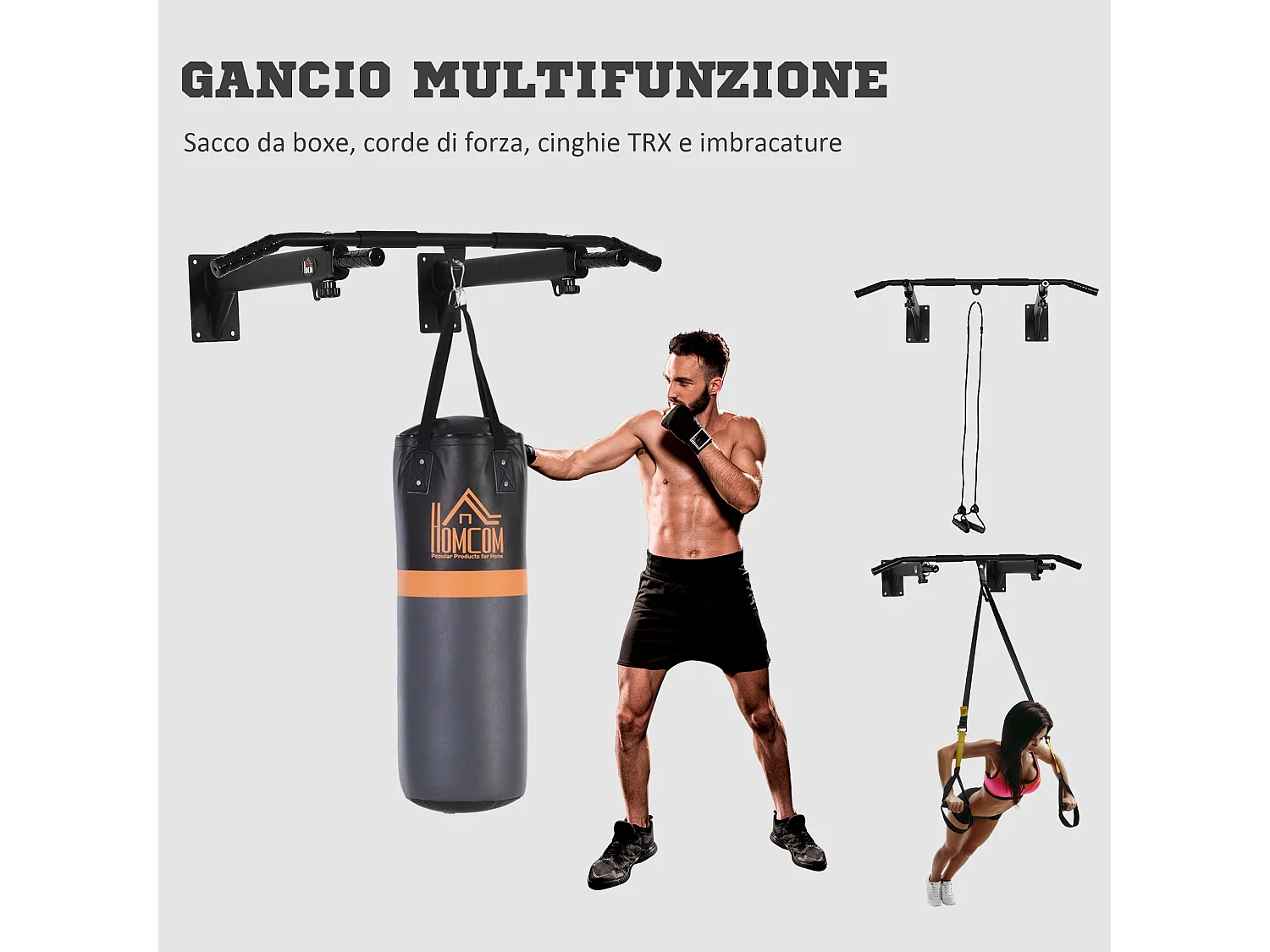 Barra per trazioni a muro 2 in 1 con 3 impugnature in acciaio nero