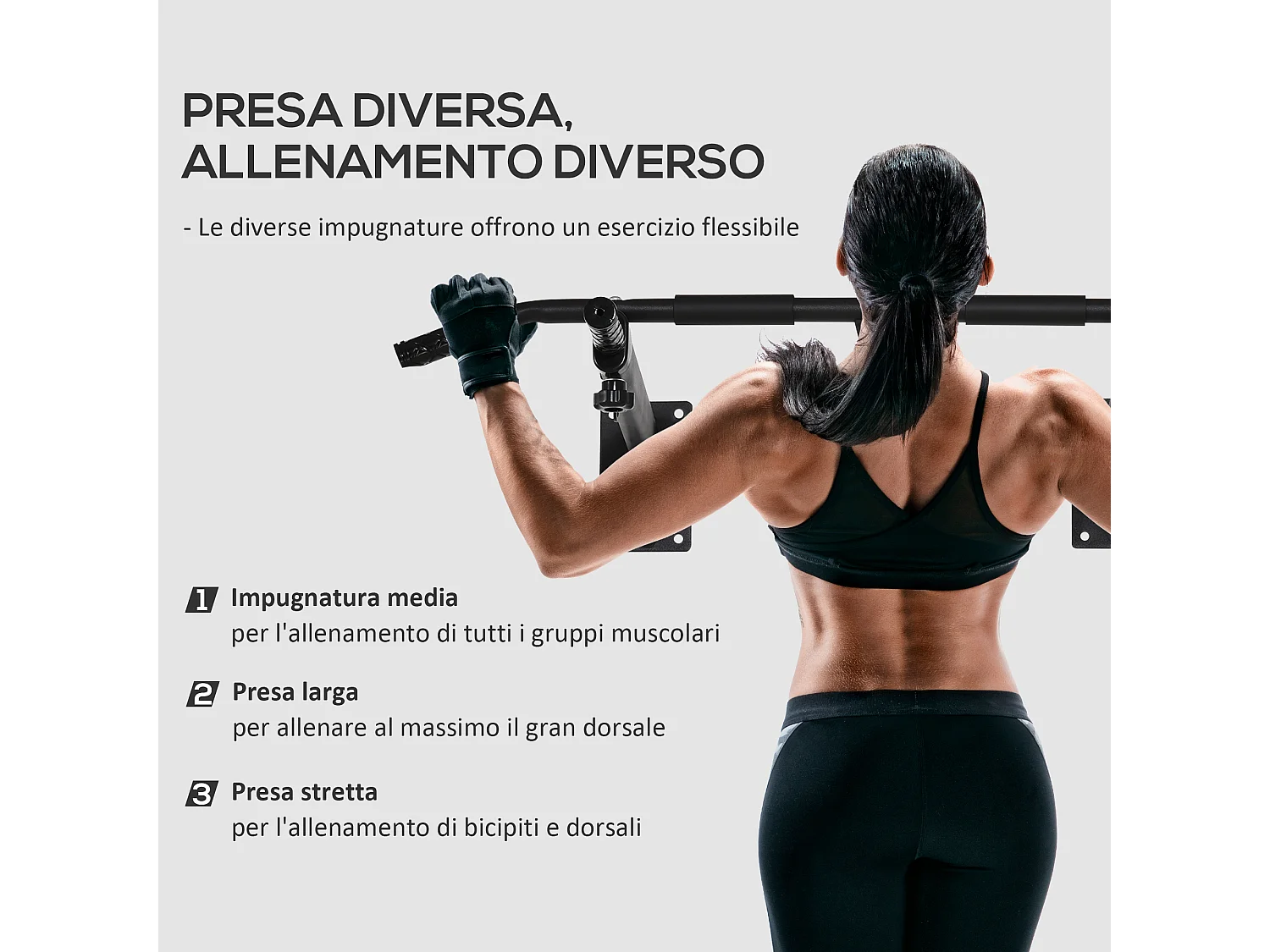 Barra per trazioni a muro 2 in 1 con 3 impugnature in acciaio nero