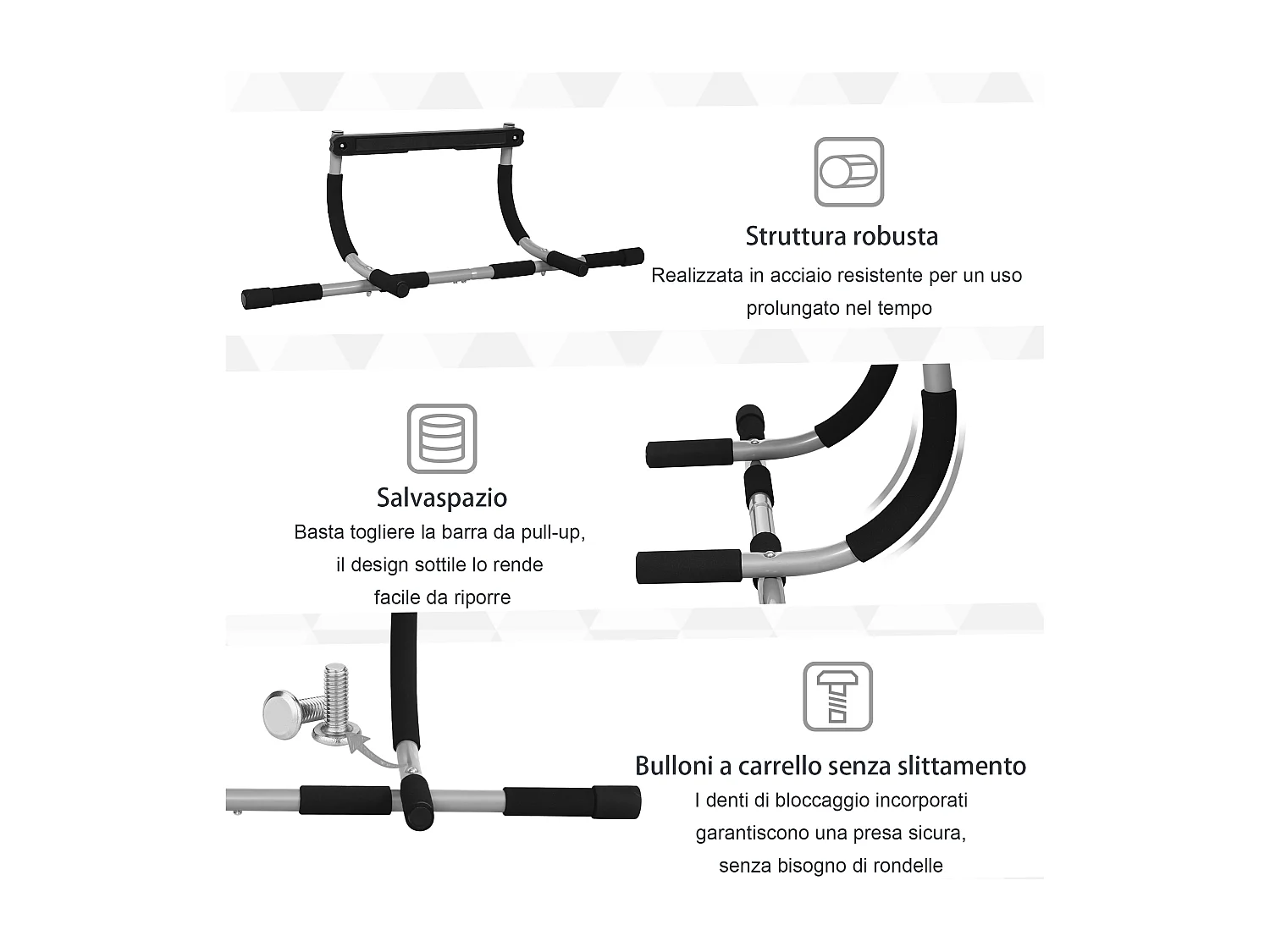 Barra trazioni a pressione installazione senza viti su porta, max. 110 kg