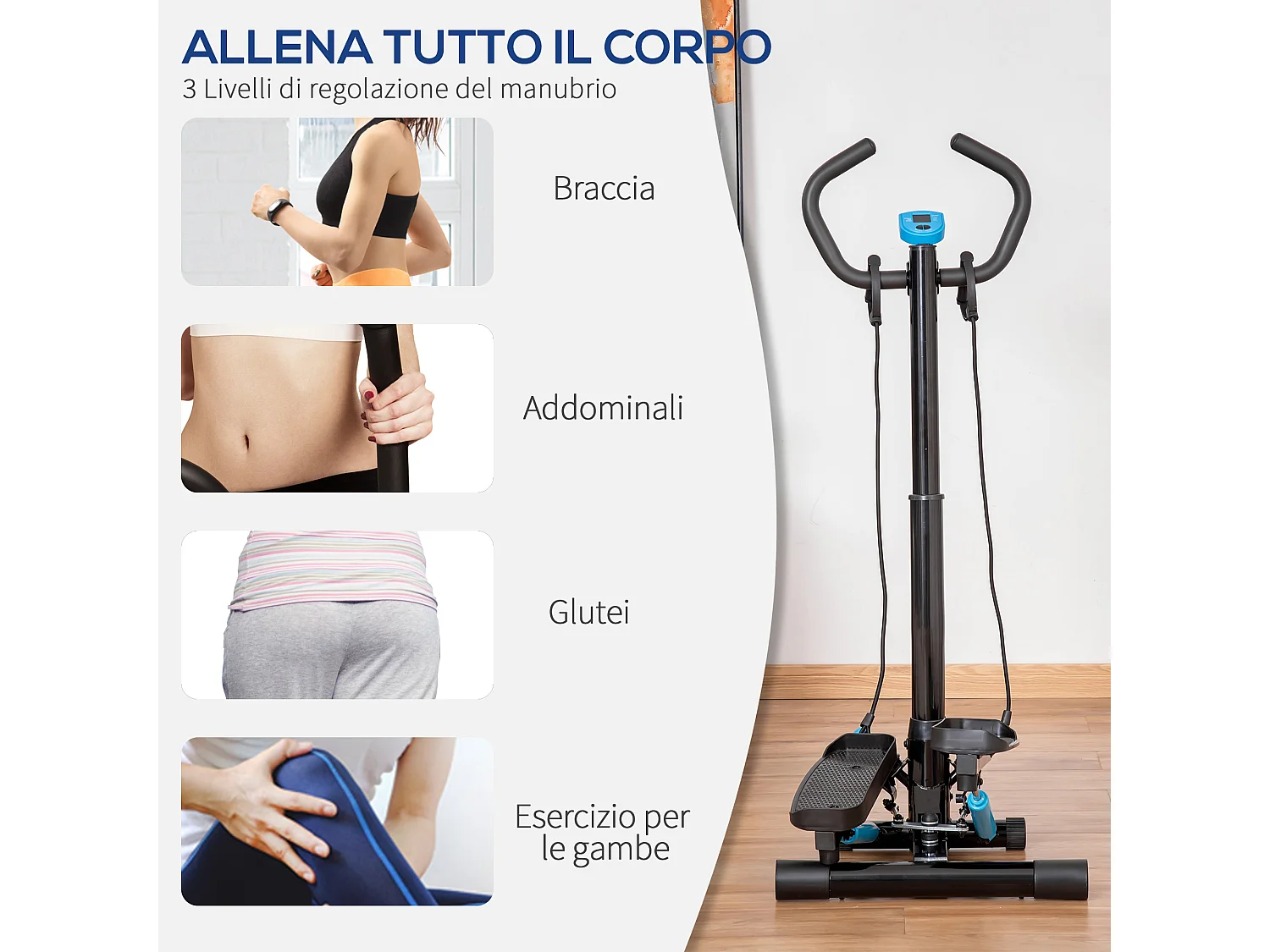 Stepper con manubrio regolabile elastici e monitor lcd casa e palestra