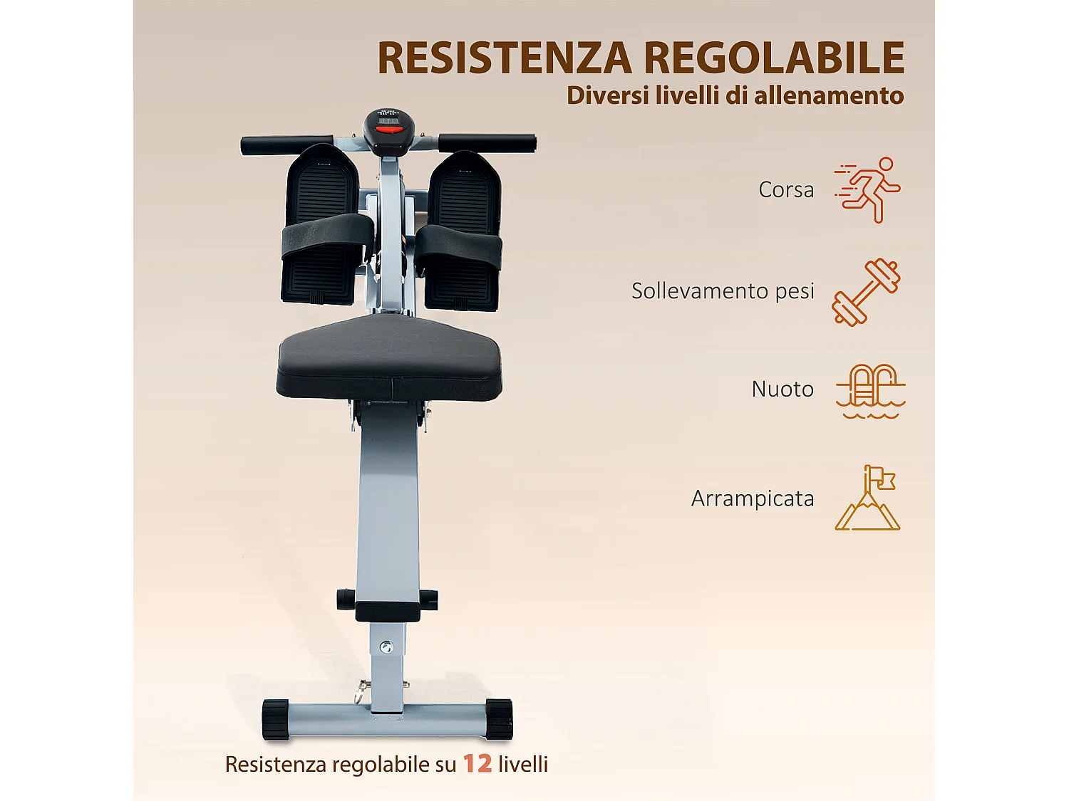 Vogatore per casa e palestra con monitor lcd e imbottitura grigio e nero