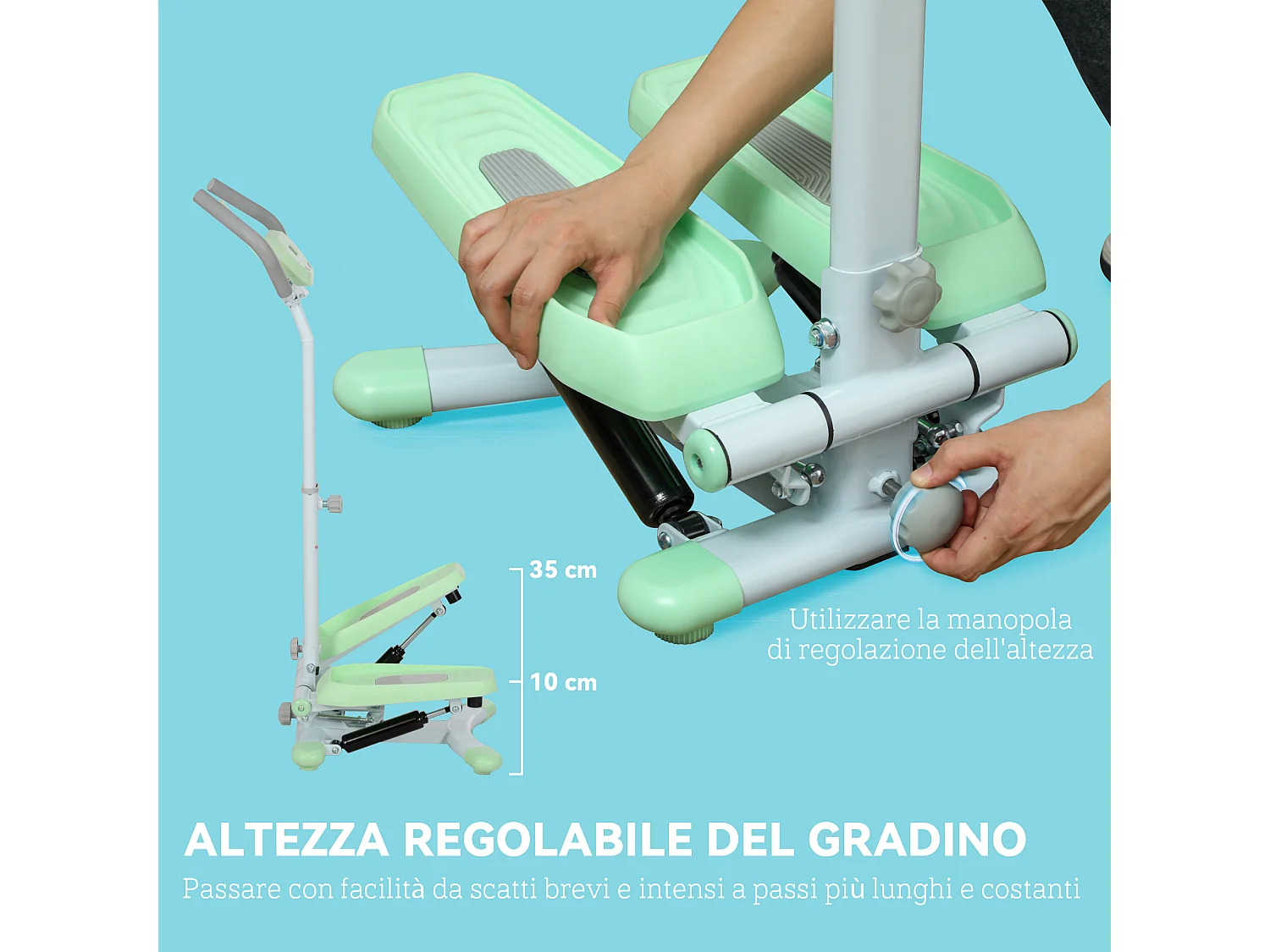 Stepper con manubrio regolabile su 3 livelli in acciaio e abs verde