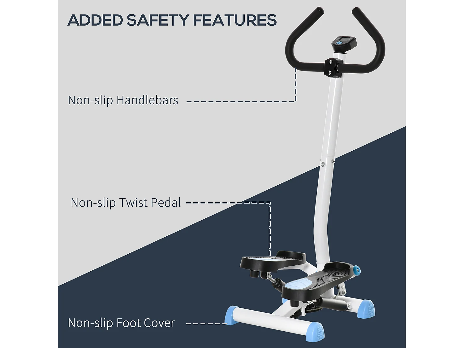 Stepper con manubrio monitor lcd e pedali antiscivolo bianco e blu