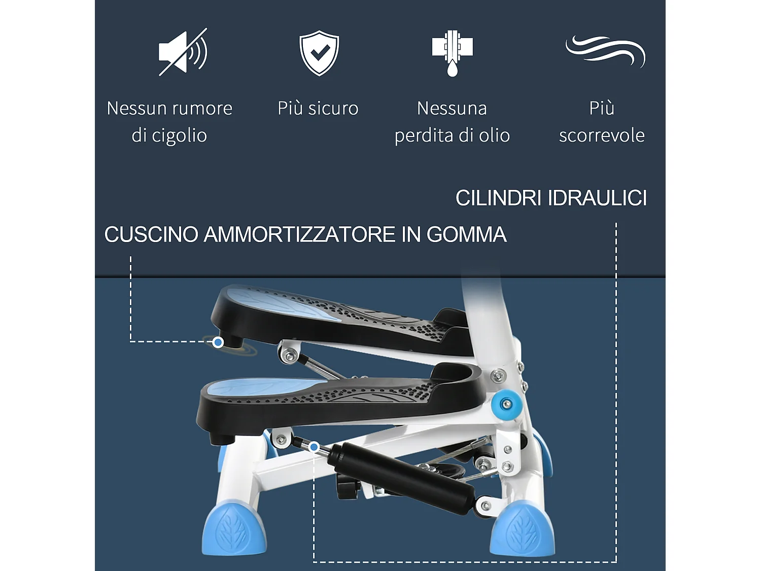 Stepper con manubrio monitor lcd e pedali antiscivolo bianco e blu