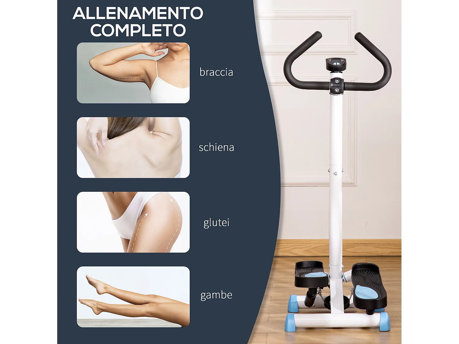 Stepper con manubrio monitor lcd e pedali antiscivolo bianco e blu