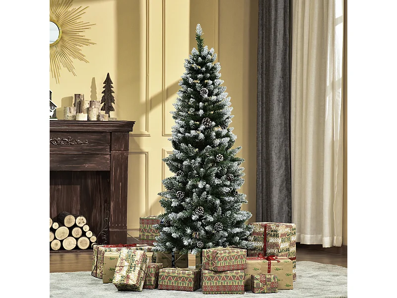 Albero di natale innevato 150 cm con 464 rami e 28 pigne verde bianco
