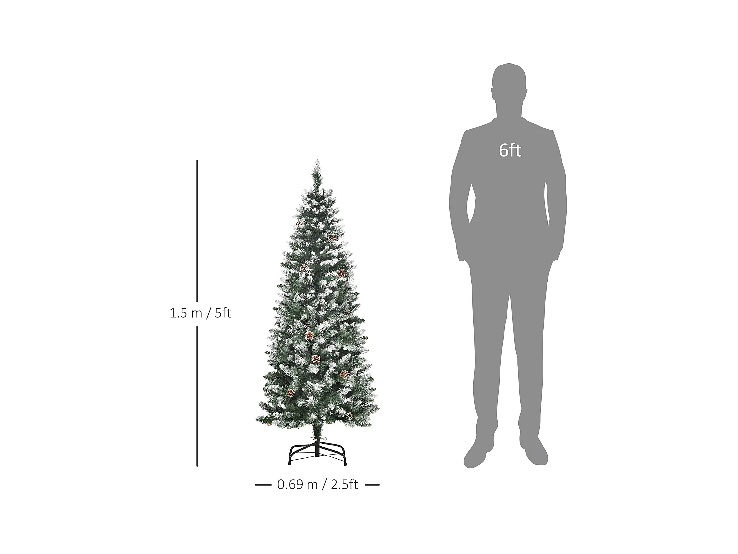 Albero di natale innevato 150 cm con 464 rami e 28 pigne verde bianco