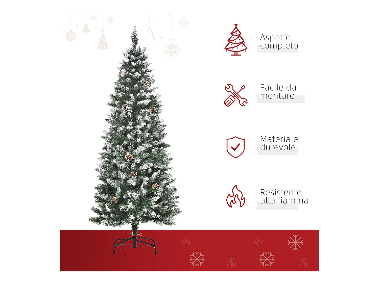 Albero di natale innevato 150 cm con 464 rami e 28 pigne verde bianco