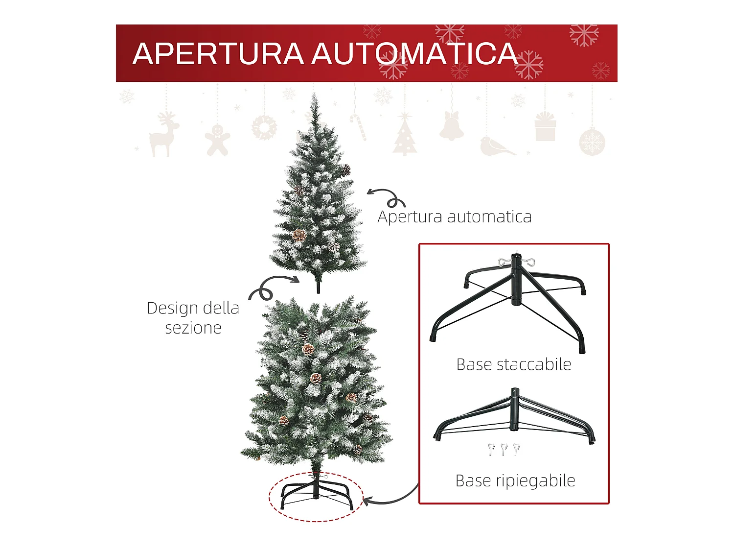 Albero di natale innevato 150 cm con 464 rami e 28 pigne verde bianco