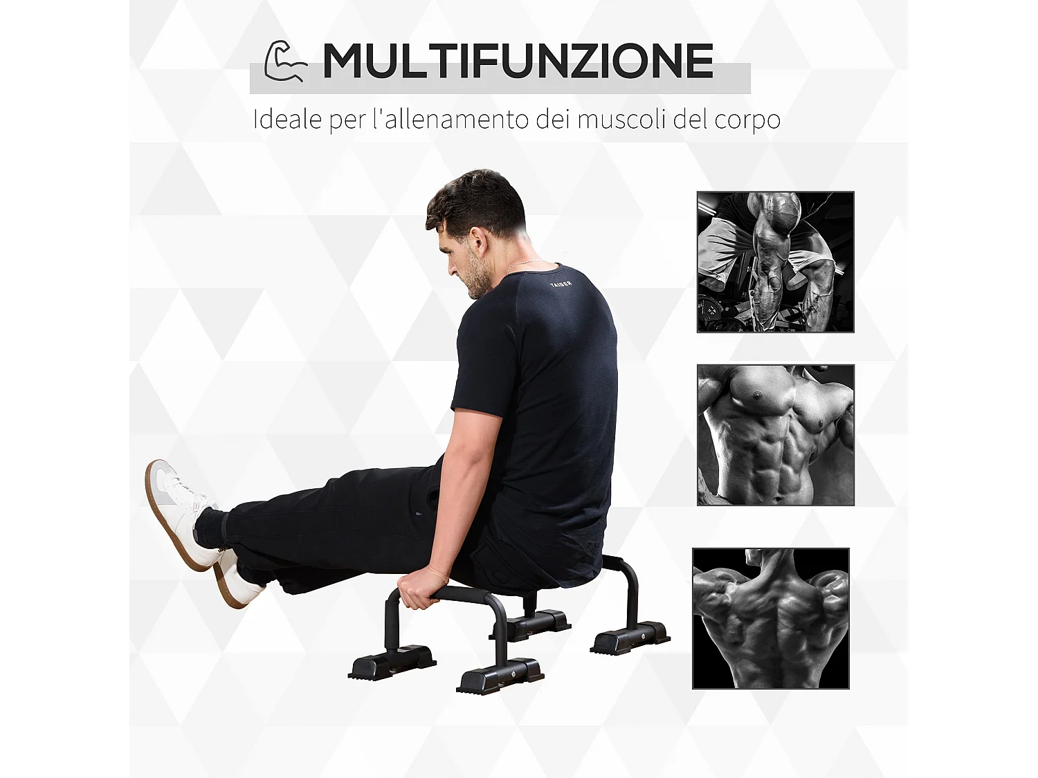 Set 2 barre parallele in acciaio con impugnatura antiscivolo nero