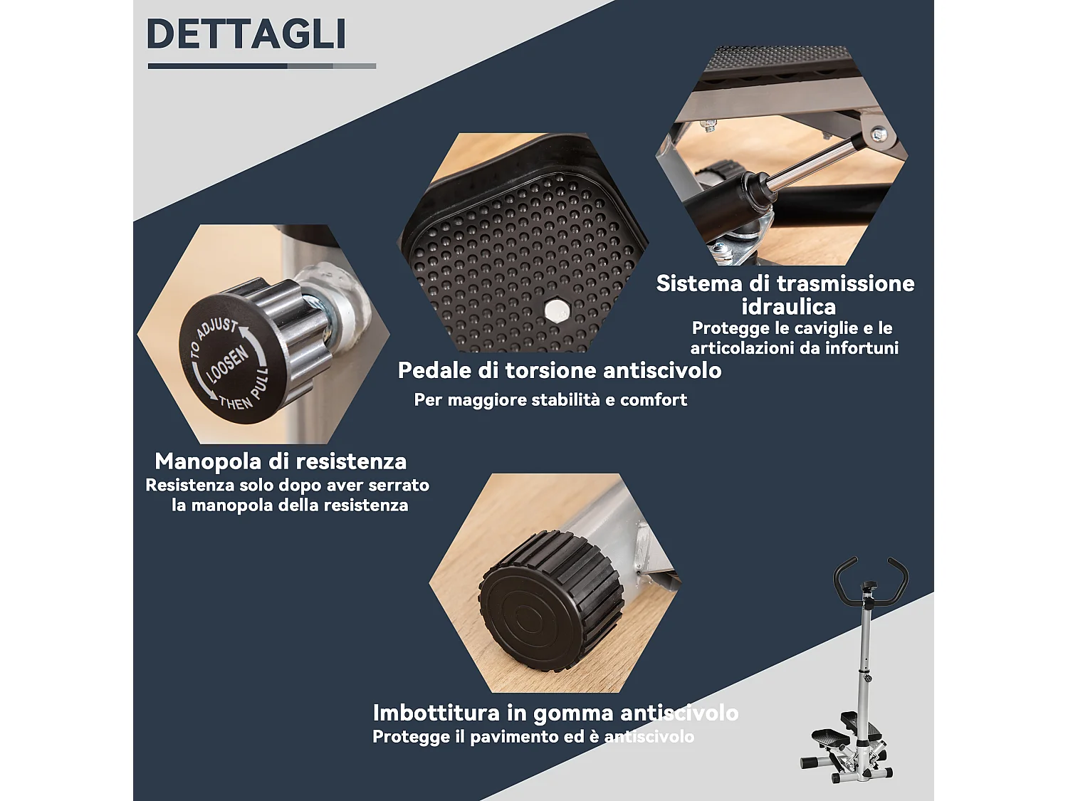 Stepper con monitor lcd, manubrio regolabile ed elastici nero e argento