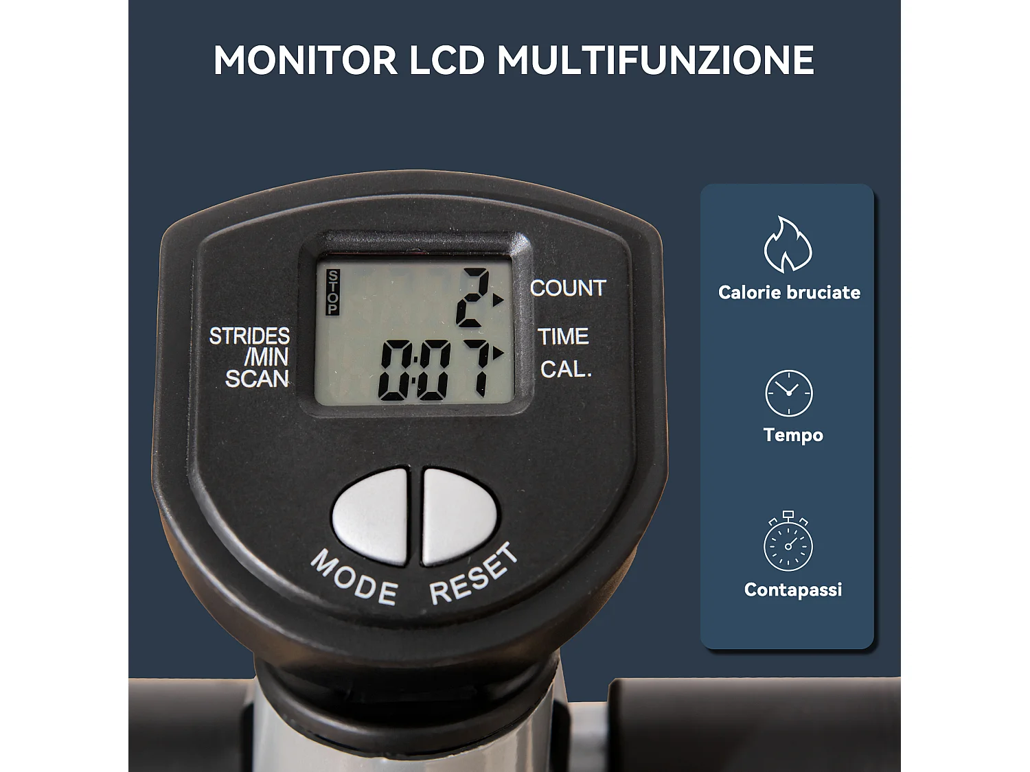 Stepper con monitor lcd, manubrio regolabile ed elastici nero e argento