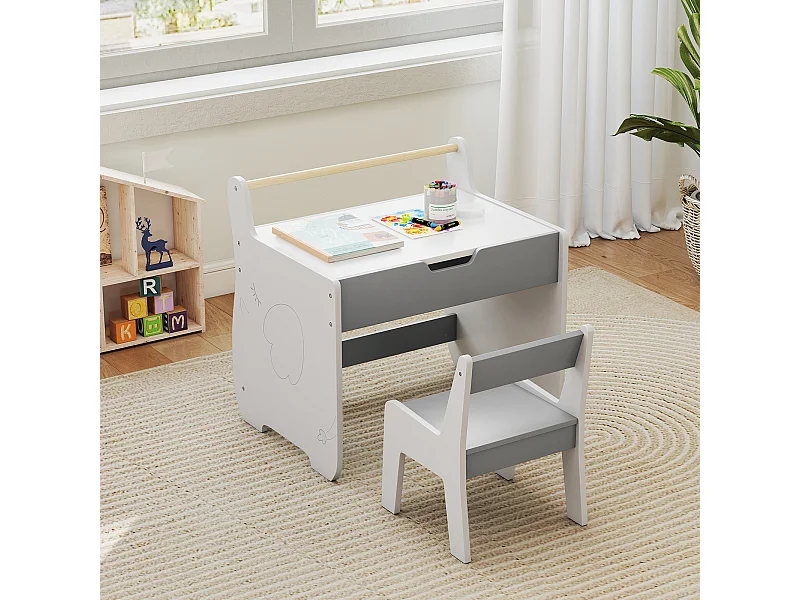 Gruppo di seduta per bambini in legno 3 in 1 con piano d'appoggio reversibile e rimovibile Tavolo per bambini con sedia Grigio+Bianco