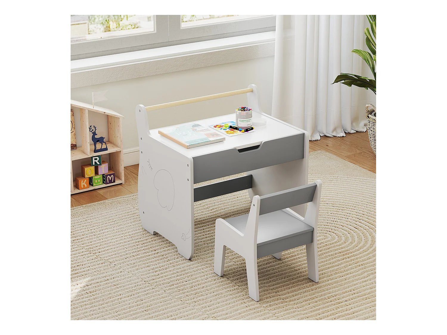 3 in 1 Holz Kindersitzgruppe mit Wendbarer & Abnembarer Tischplatte Kindertisch mit Stuhl Grau+Weiß