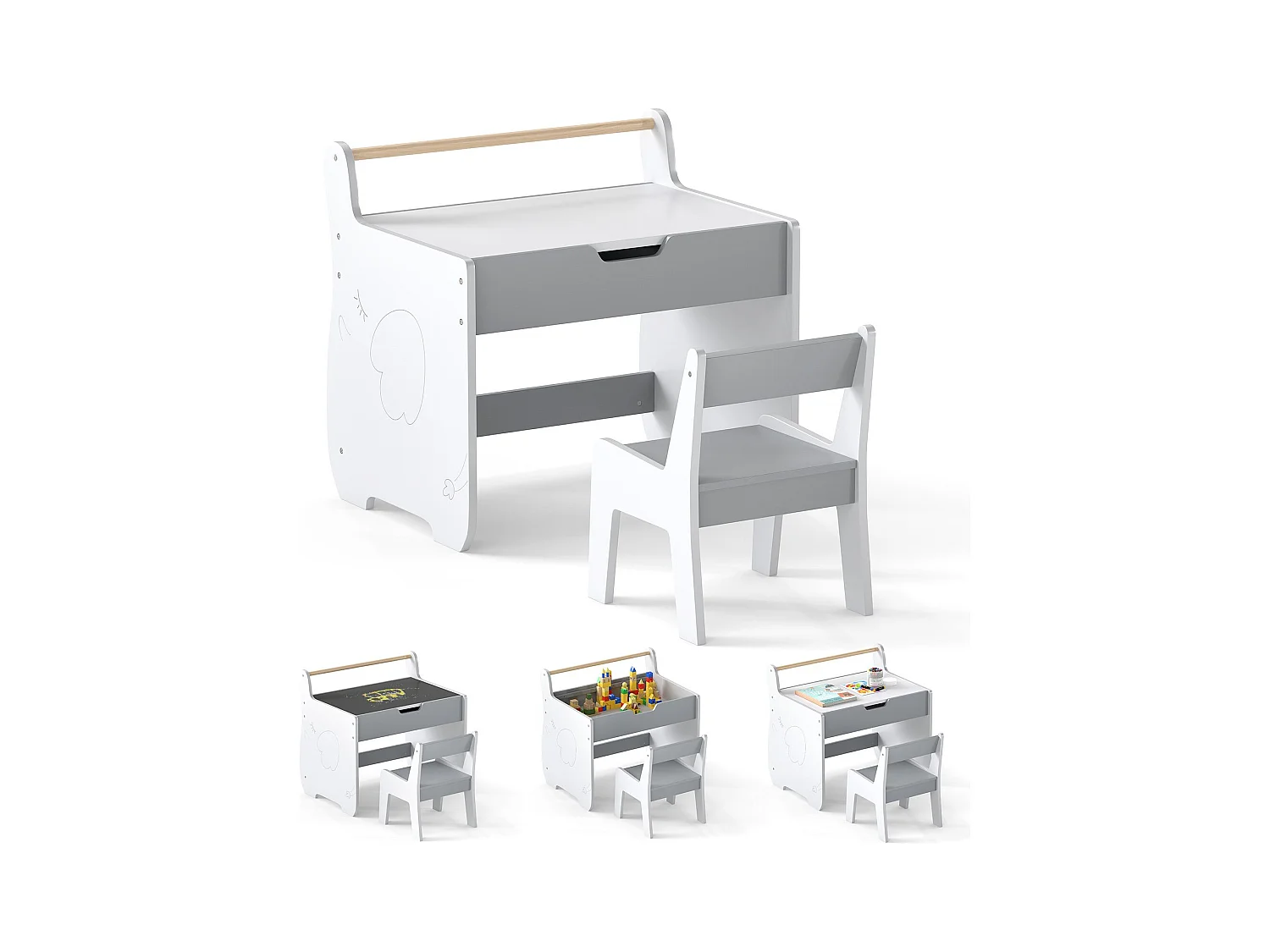 3 in 1 Holz Kindersitzgruppe mit Wendbarer & Abnembarer Tischplatte Kindertisch mit Stuhl Grau+Weiß