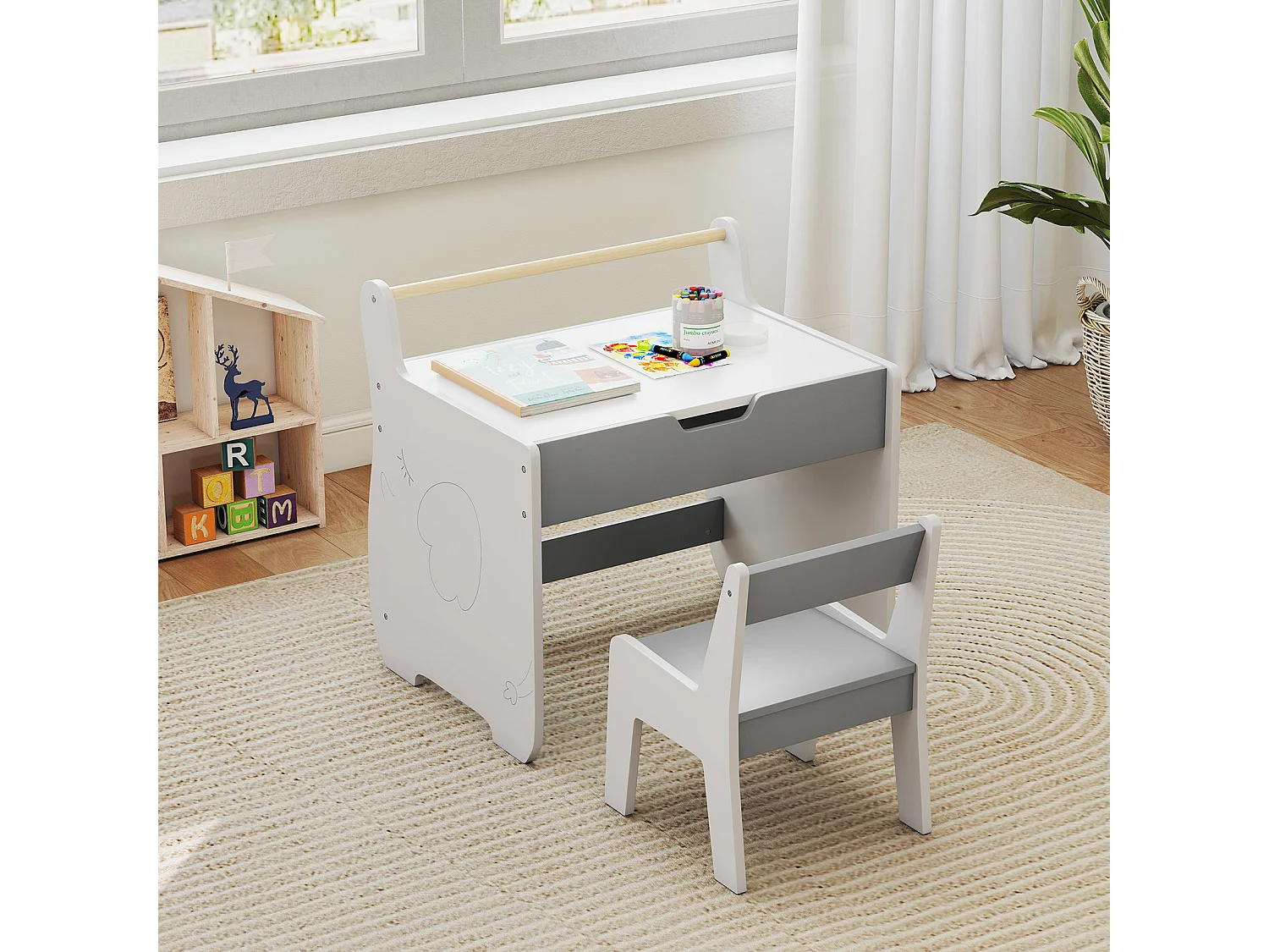 3 in 1 Holz Kindersitzgruppe mit Wendbarer & Abnembarer Tischplatte Kindertisch mit Stuhl Grau+Weiß