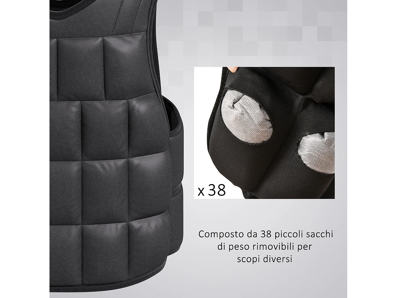 Giubbotto zavorrato 20kg con 38 pesi, imbottitura e chiusure a strappo