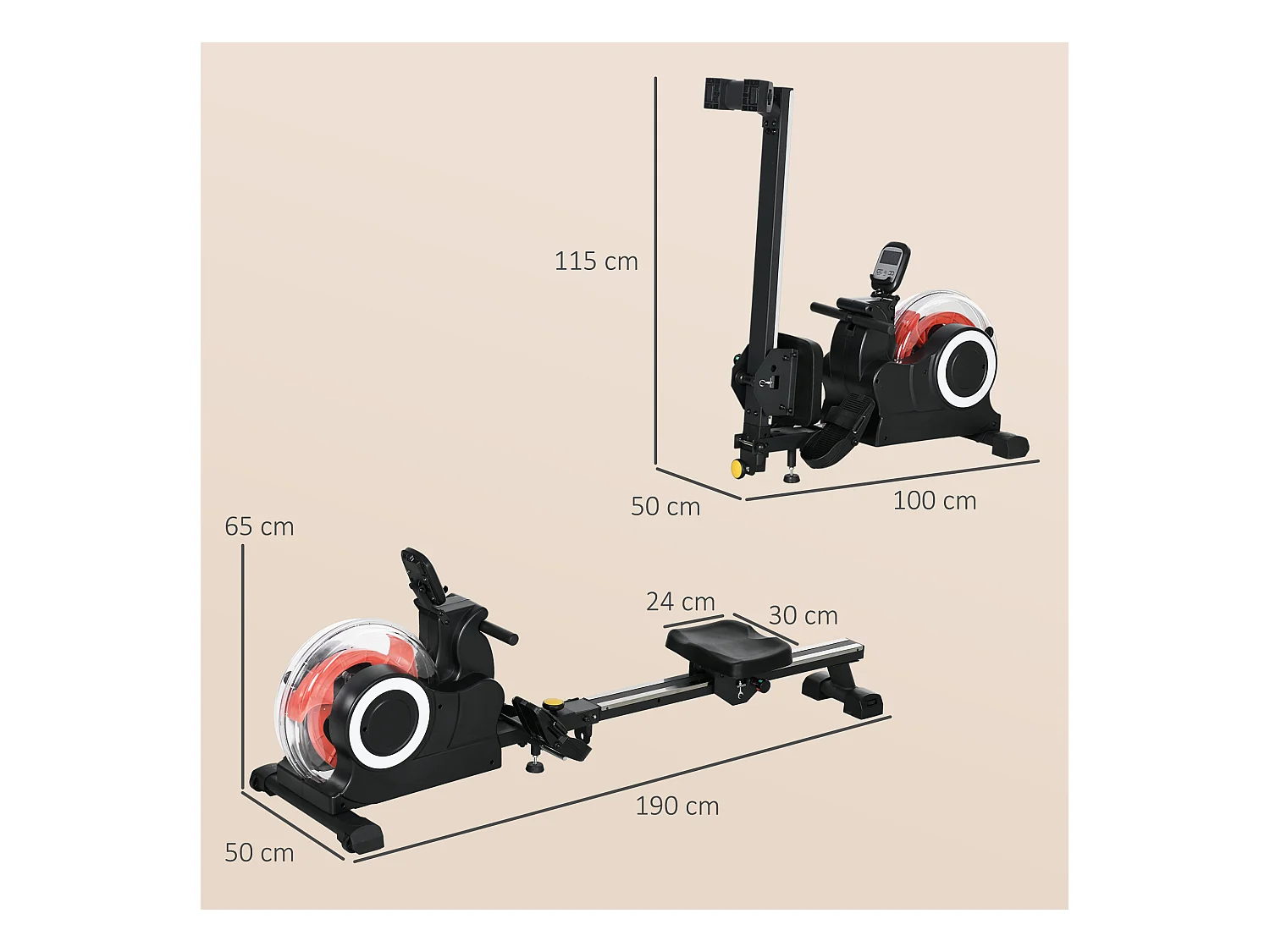 Vogatore ad acqua pieghevole a 6 livelli di resistenza in acciaio e pc