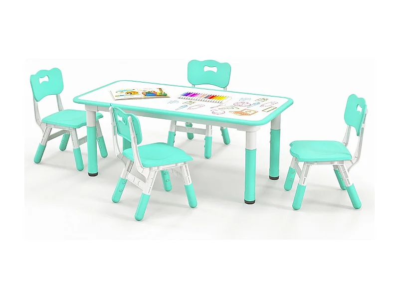 Set tavolo per bambini e 4 sedie multiattività, Scrivania regolabile in altezza con piano graffiti Verde