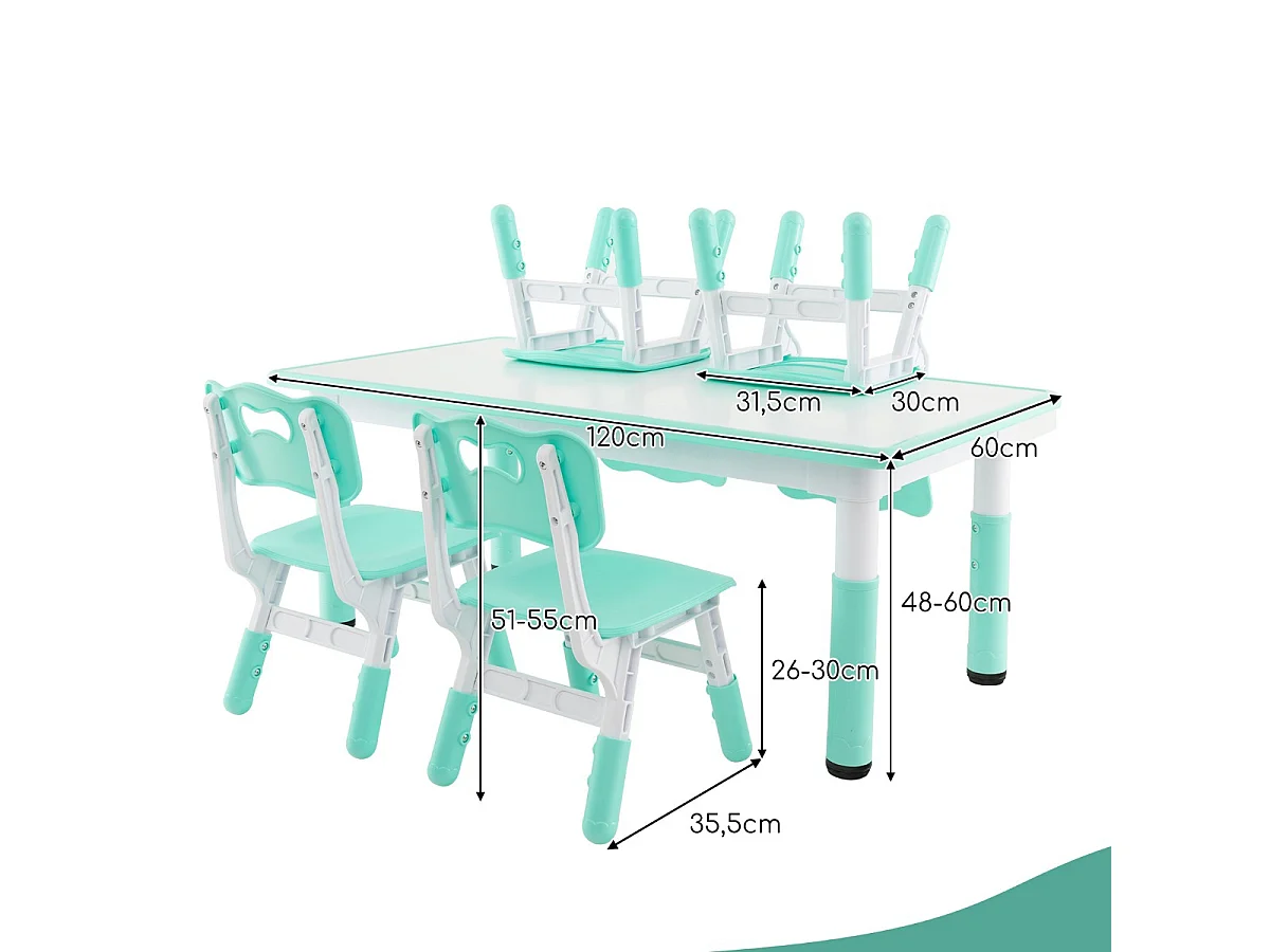 Set tavolo per bambini e 4 sedie multiattività, Scrivania regolabile in altezza con piano graffiti Verde