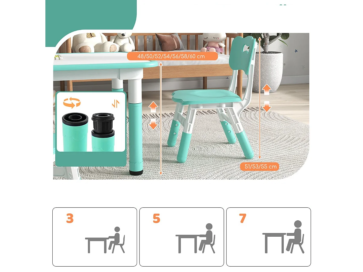 Set tavolo per bambini e 4 sedie multiattività, Scrivania regolabile in altezza con piano graffiti Verde