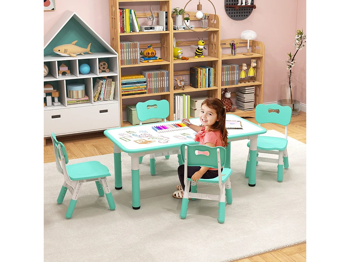 Set tavolo per bambini e 4 sedie multiattività, Scrivania regolabile in altezza con piano graffiti Verde