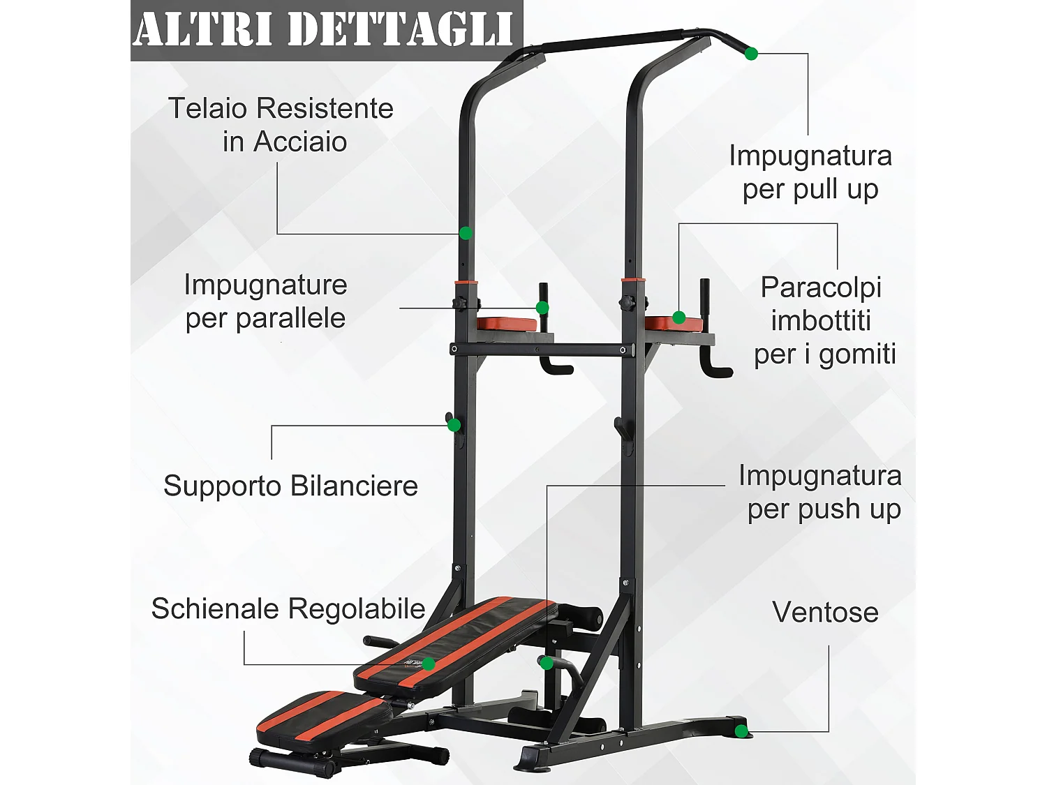 Postazione pieghevole multiuso allenamento, barra trazioni, sedia romana
