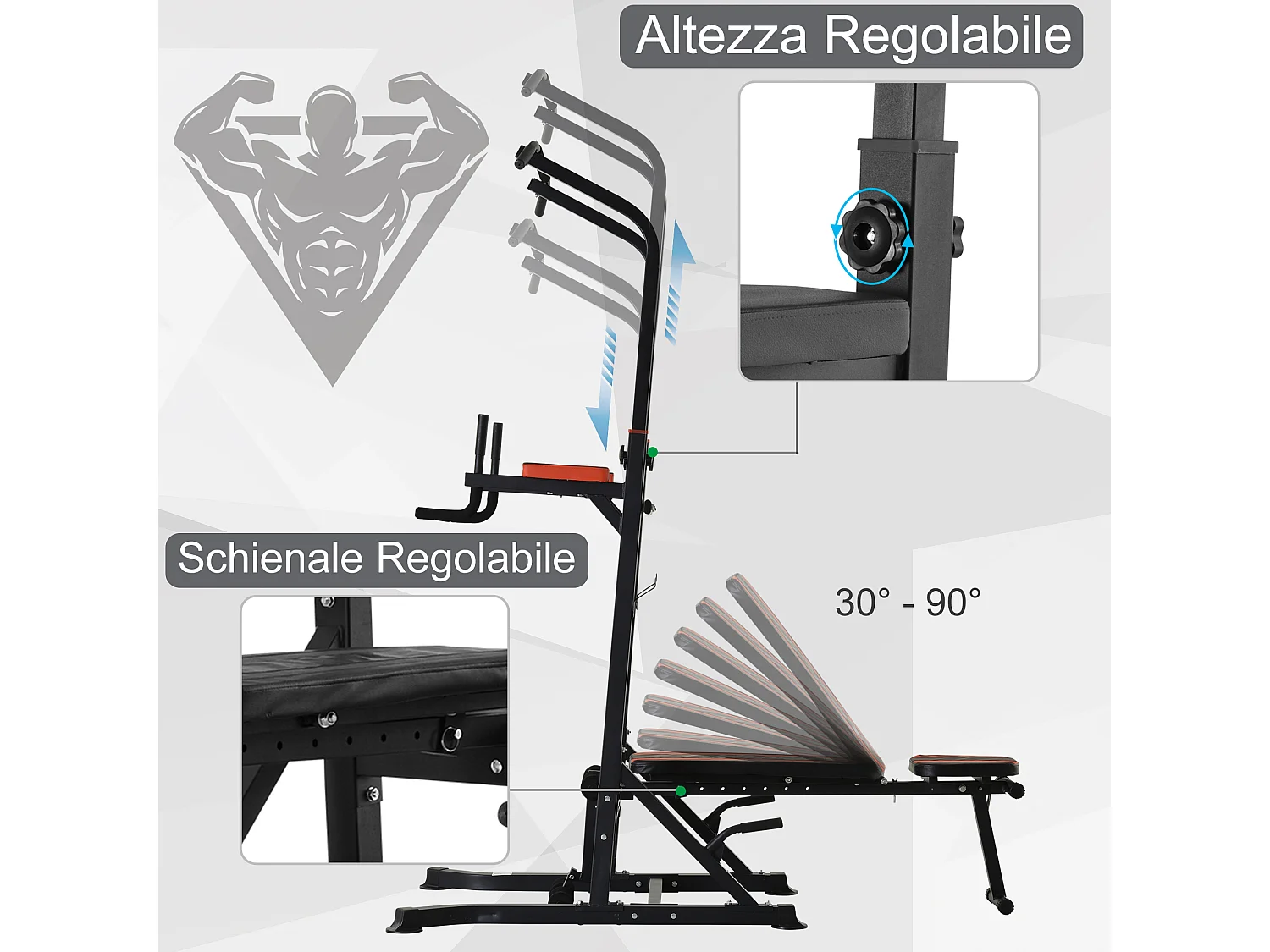 Postazione pieghevole multiuso allenamento, barra trazioni, sedia romana