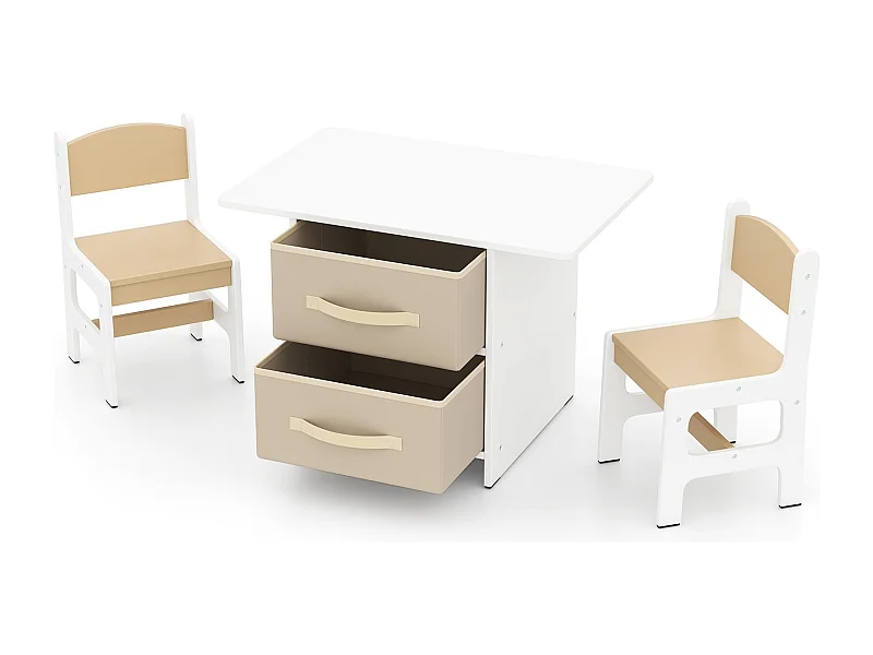 Set di tavolo e 2 sedie bambini, Set di scrivania da 3 pezzi con ceste portaoggetti rimovibili per stanza giochi Beige e Bianco