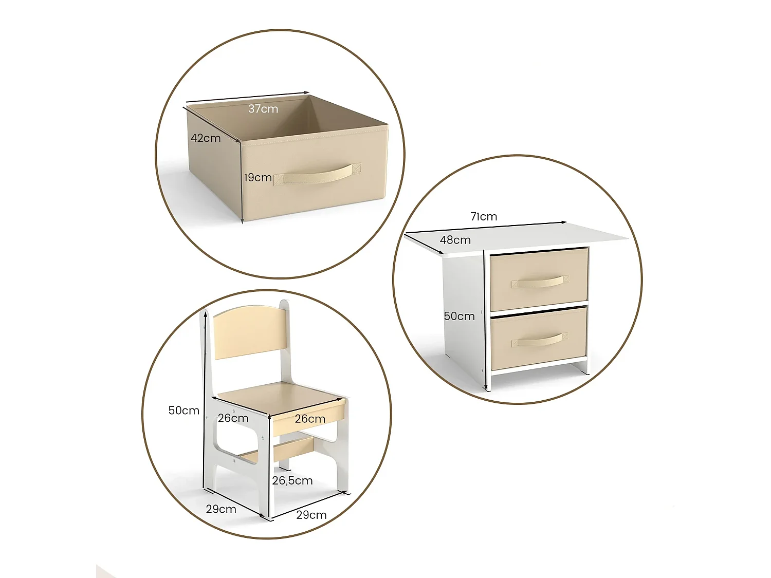 Set di tavolo e 2 sedie bambini, Set di scrivania da 3 pezzi con ceste portaoggetti rimovibili per stanza giochi Beige e Bianco