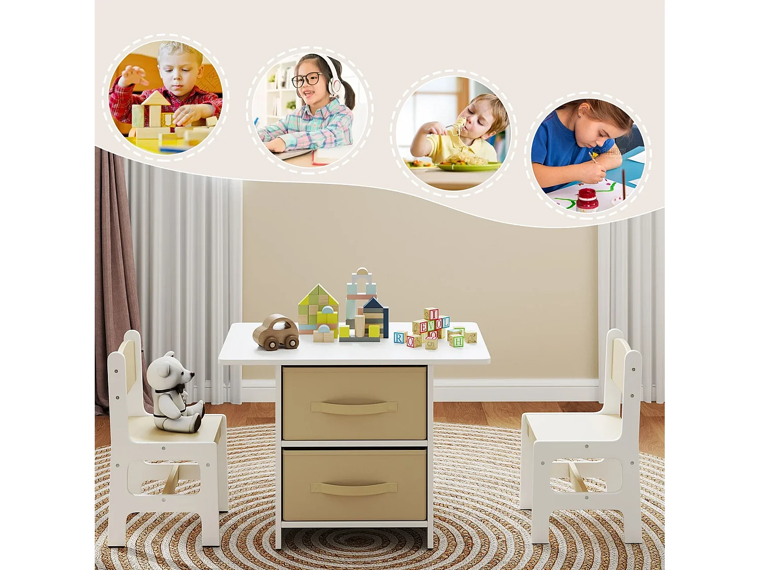 Set di tavolo e 2 sedie bambini, Set di scrivania da 3 pezzi con ceste portaoggetti rimovibili per stanza giochi Beige e Bianco