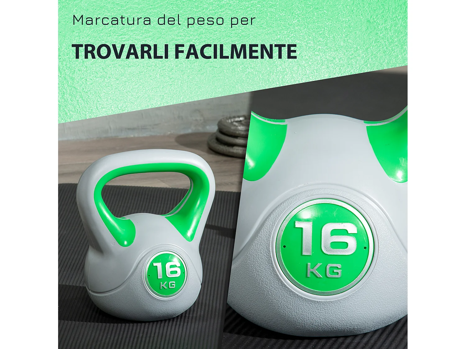 Kettlebell 16kg con base piatta e impugnatura verde