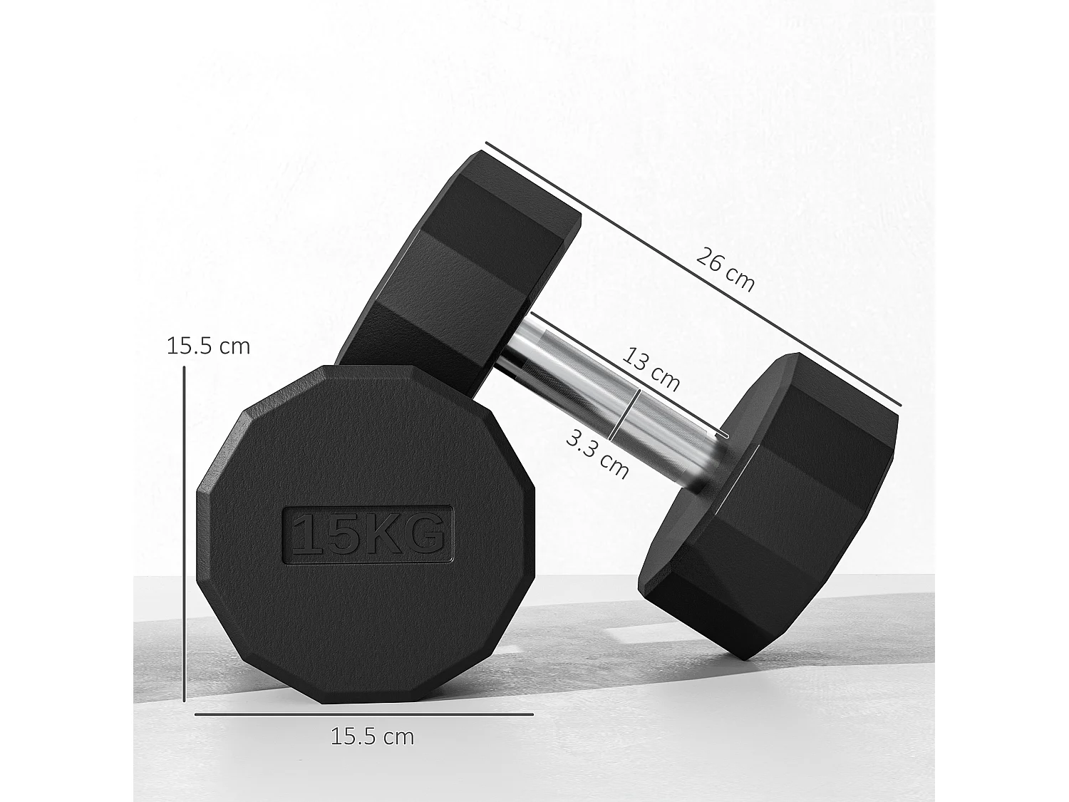 Set 2 manubri a 12 lati da 15kg in metallo e gomma 26x15.5x15.5 cm nero