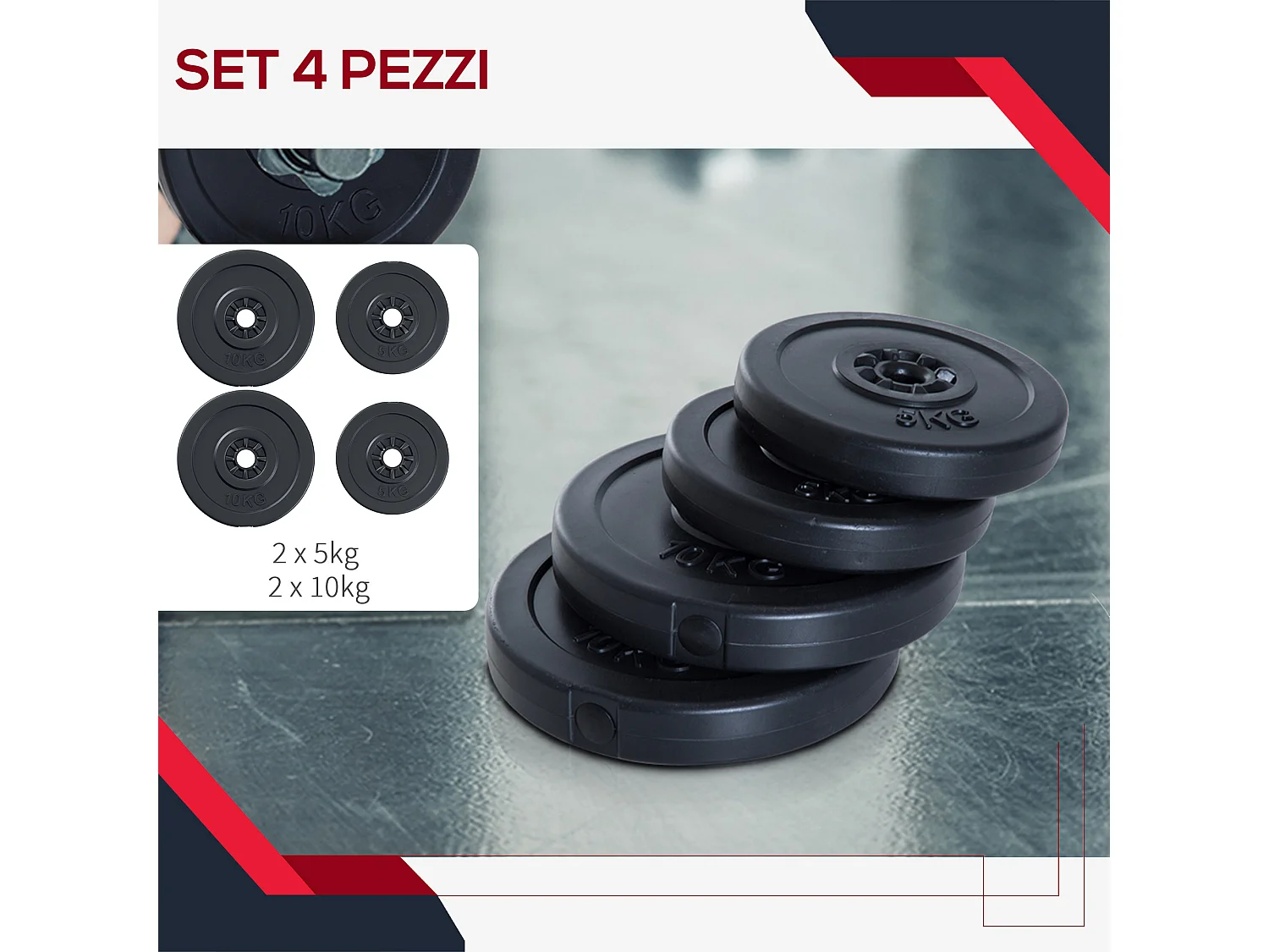 Set 4 dischi pesi per bilanciere peso totale 30kg, 2x5kg e 2x10kg, nero