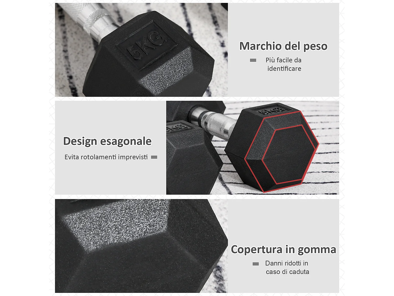 Set 2 manubri esagonali da 5 kg in gomma con impugnatura antiscivolo nero