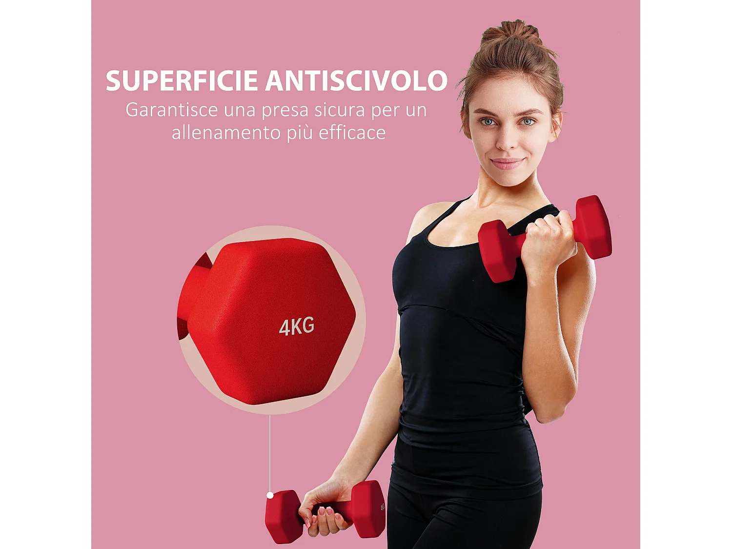 Set 2 manubri esagonali da 2x4 kg in metallo e plastica 19x9x9 cm rosso