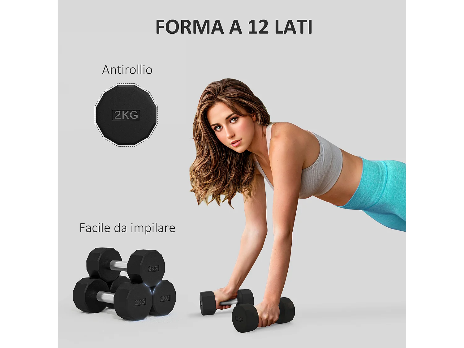 Set 2 manubri a 12 lati da 2 kg in metallo e gomma 22x7.5x7.5 cm nero
