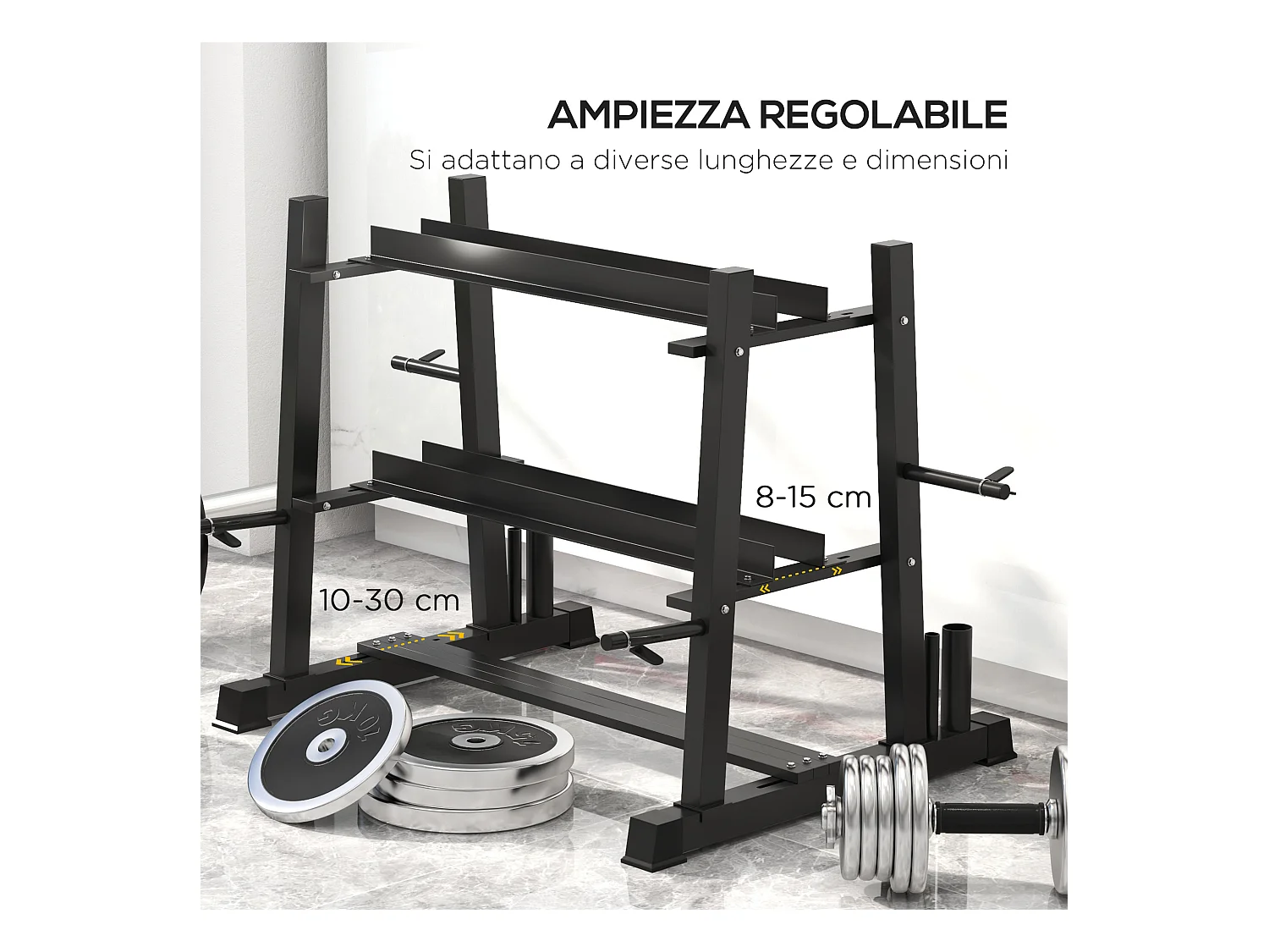 Rastrelliera per manubri in acciaio con 4 aste a distanza regolabile