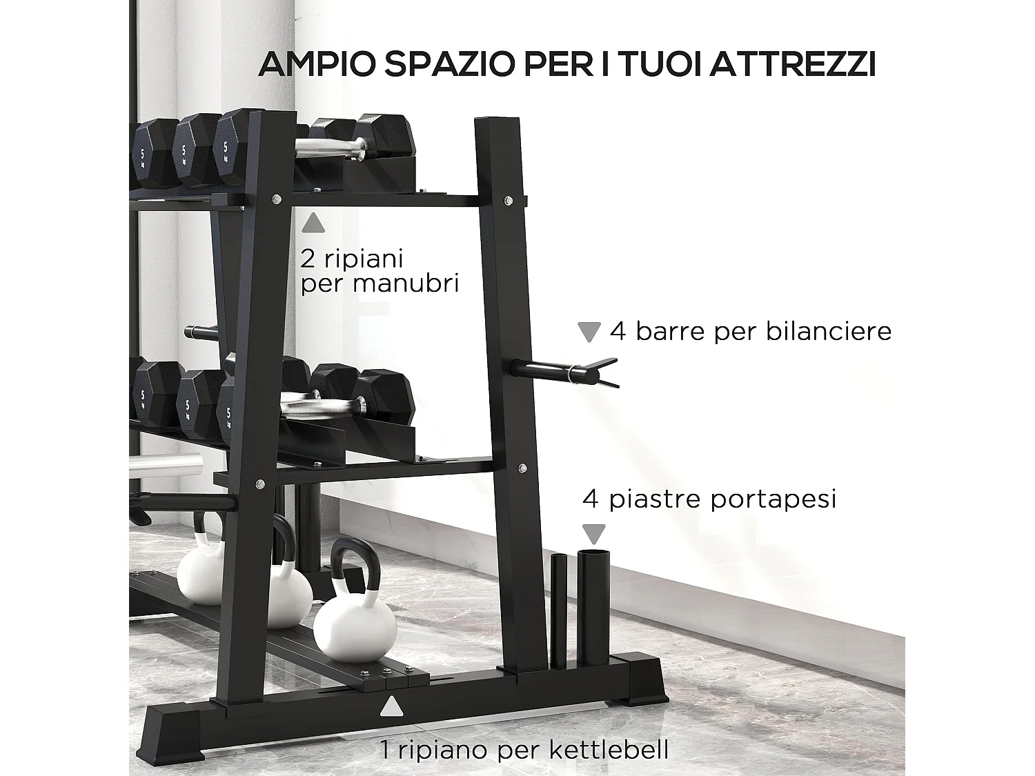 Rastrelliera per manubri in acciaio con 4 aste a distanza regolabile