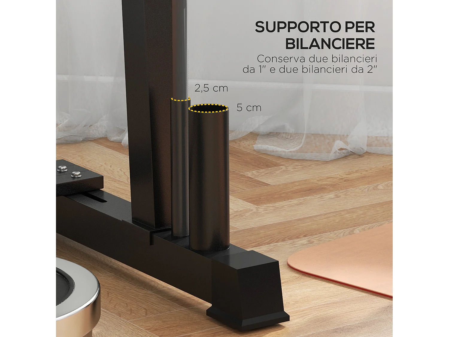 Rastrelliera per manubri in acciaio con 4 aste a distanza regolabile